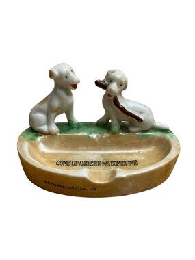 Lusterware Dog Ashtray Natural Bridge VA Come Up and See Me Sometime Seto Japan